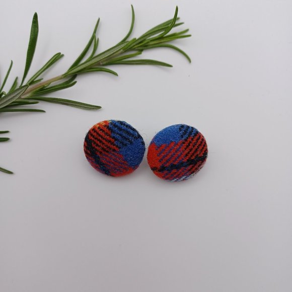 Button Earrings - Red and Blue Tweed Wool Fabric - Picture 8 of 8